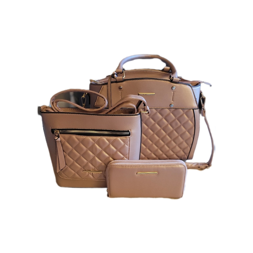3 Pcs Handbag Set (NEW) Tote, Crossbody & Wallet Pearlized Pink